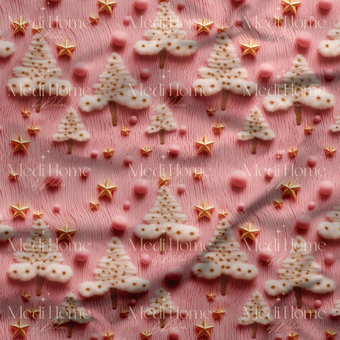Pembe Yılbaşı Rüyasının Yumuşacık Çamları – 3D Illüzyonlu Desen Dijital Baskılı Kumaş