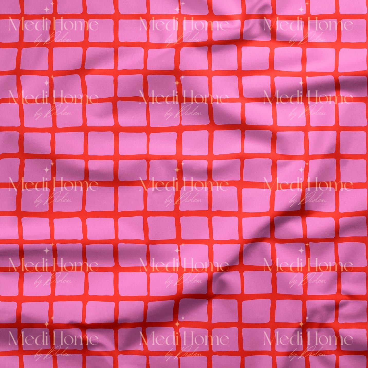 Pembe Zeminde Kırmızı Izgara Dijital Baskılı Kumaş