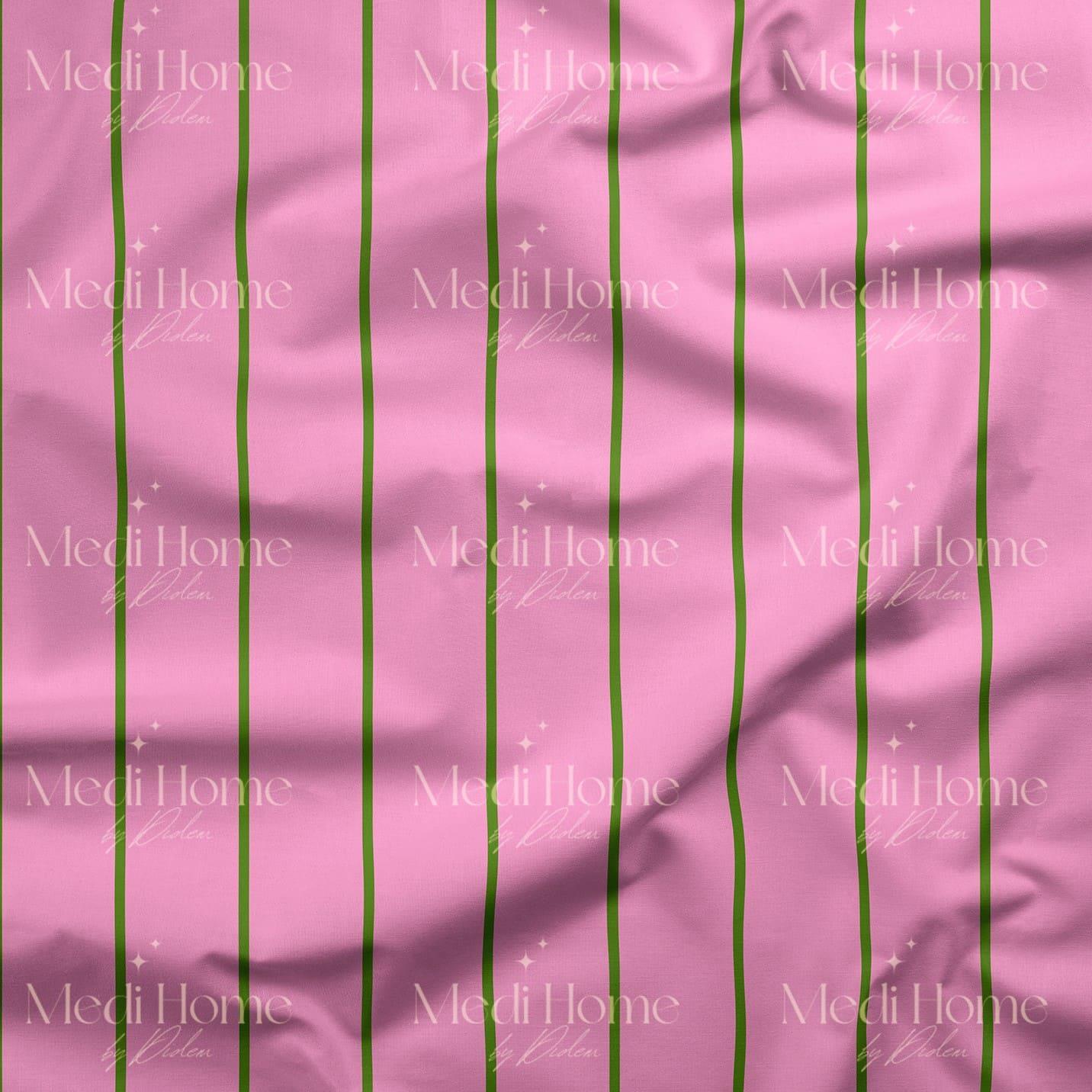 Pembe Zeminde Yeşil Çizgi Duruşu Dijital Baskılı Kumaş