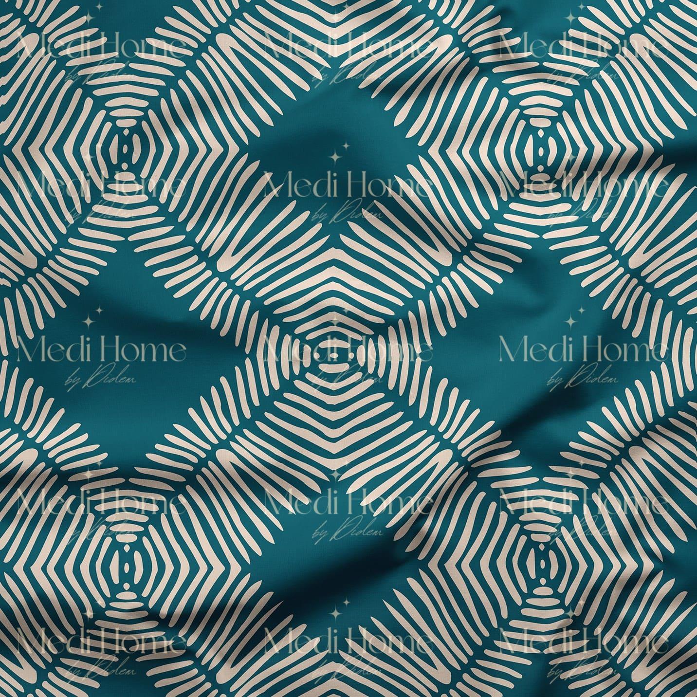 Petrol Yeşilinde Optik Çizgi Dengesi Dijital Baskılı Kumaş