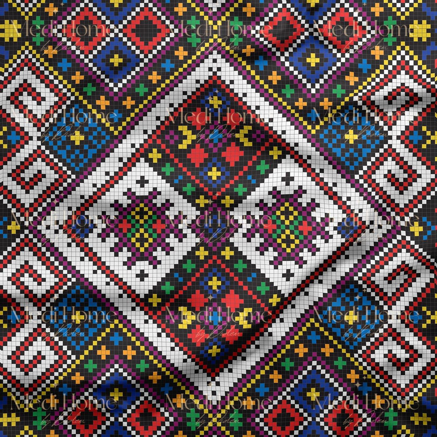 Piksel Görünümlü, Etnik Motif Desenli Dijital Baskılı Kumaş