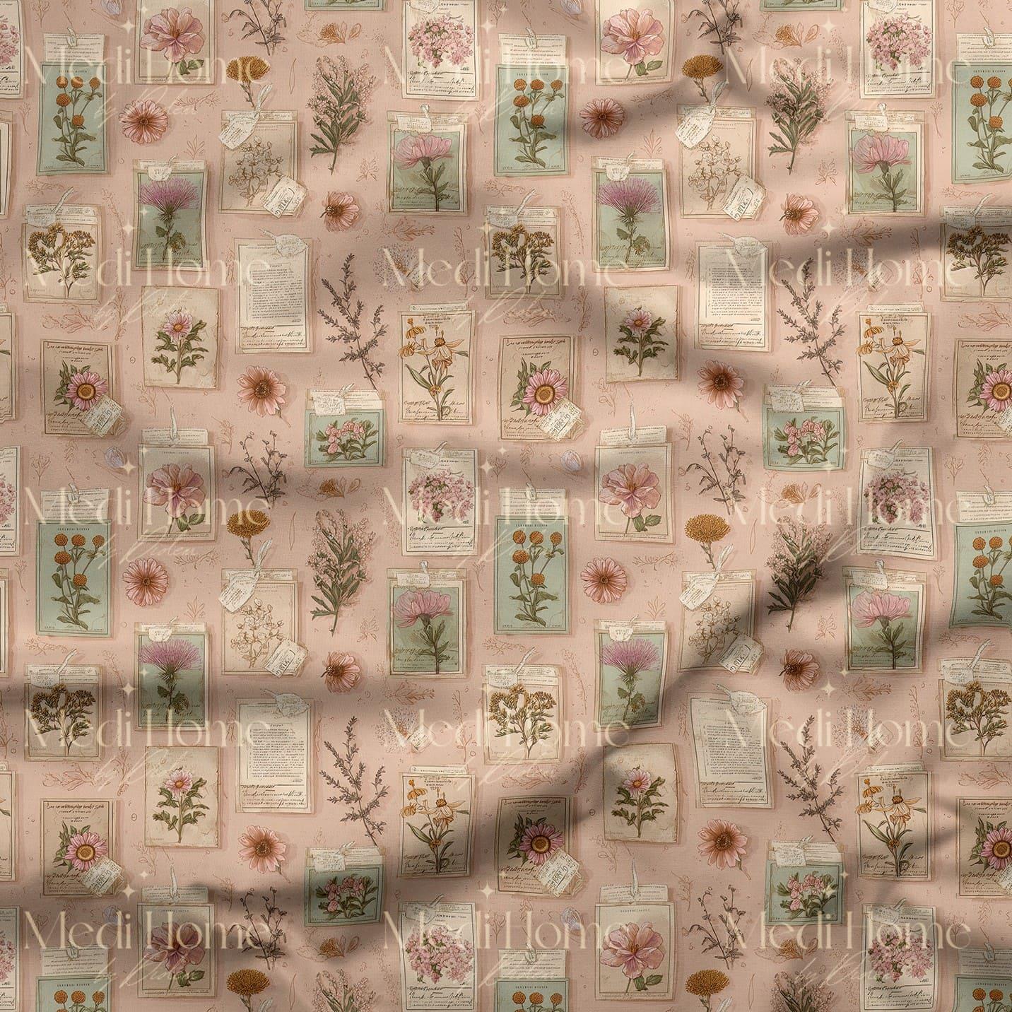 Pudra Botanik Kartlar – Vintage Dijital Baskılı Kumaş