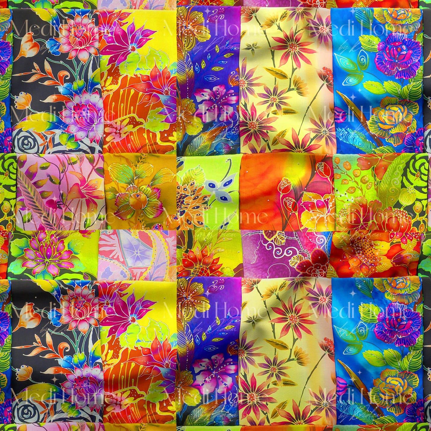 Renk Cümbüşü Patchwork Çiçek Karnavalı Dijital Baskılı Kumaş