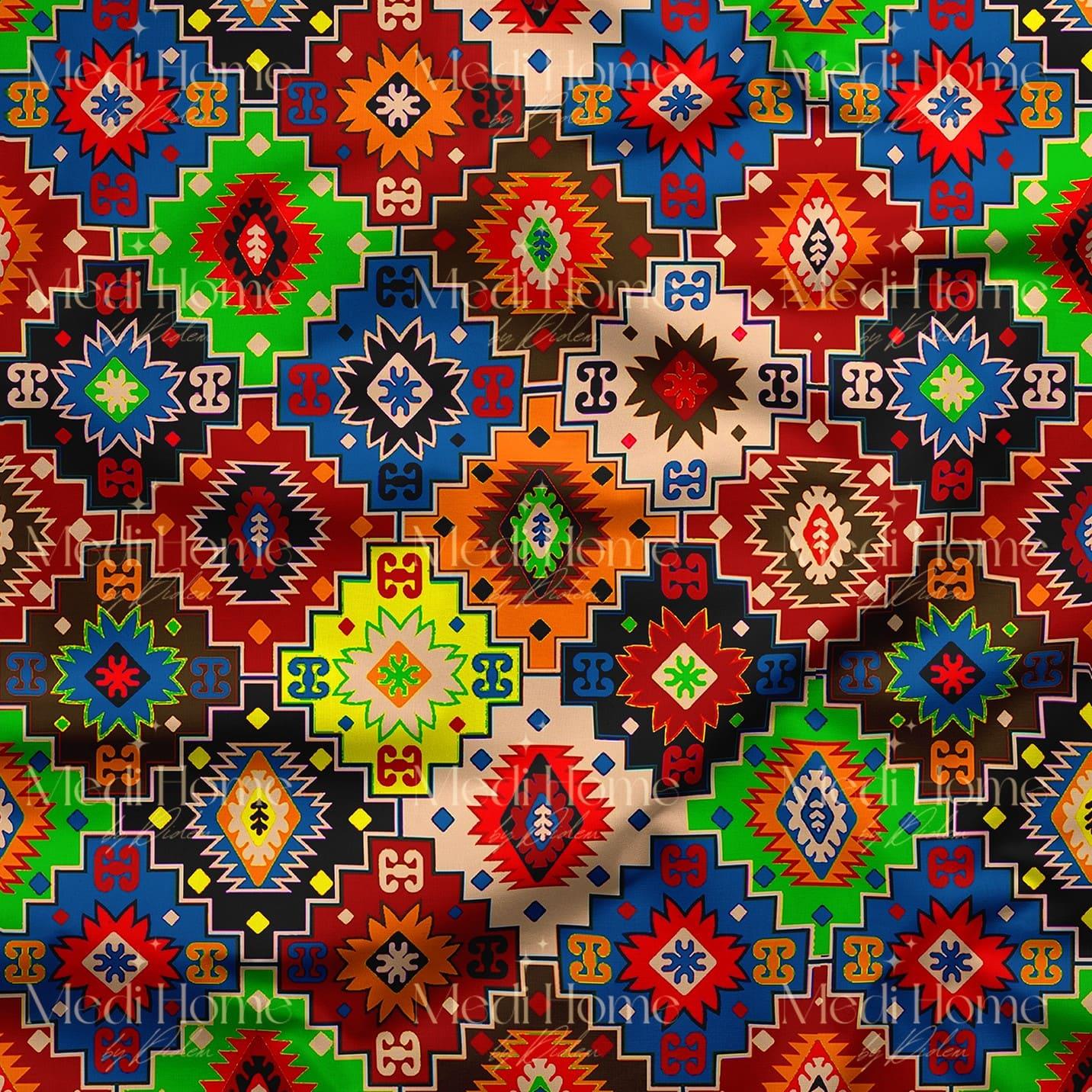 Renk Patlamalı Etnik Kilim Ritmi Dijital Baskılı Kumaş