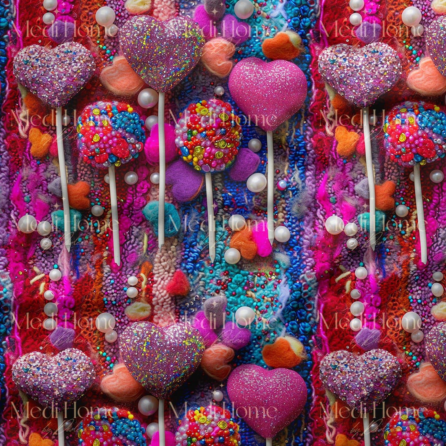 Renk Patlaması İçinde Lolipop Kalpler Dijital Baskılı Kumaş