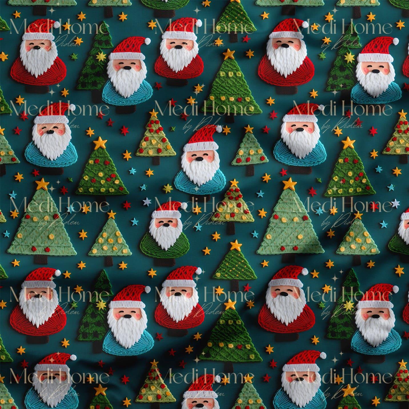 Renkli Ağaçların Neşeli Noel Babası – 3D Yılbaşı Örgü Dijital Baskılı Kumaş