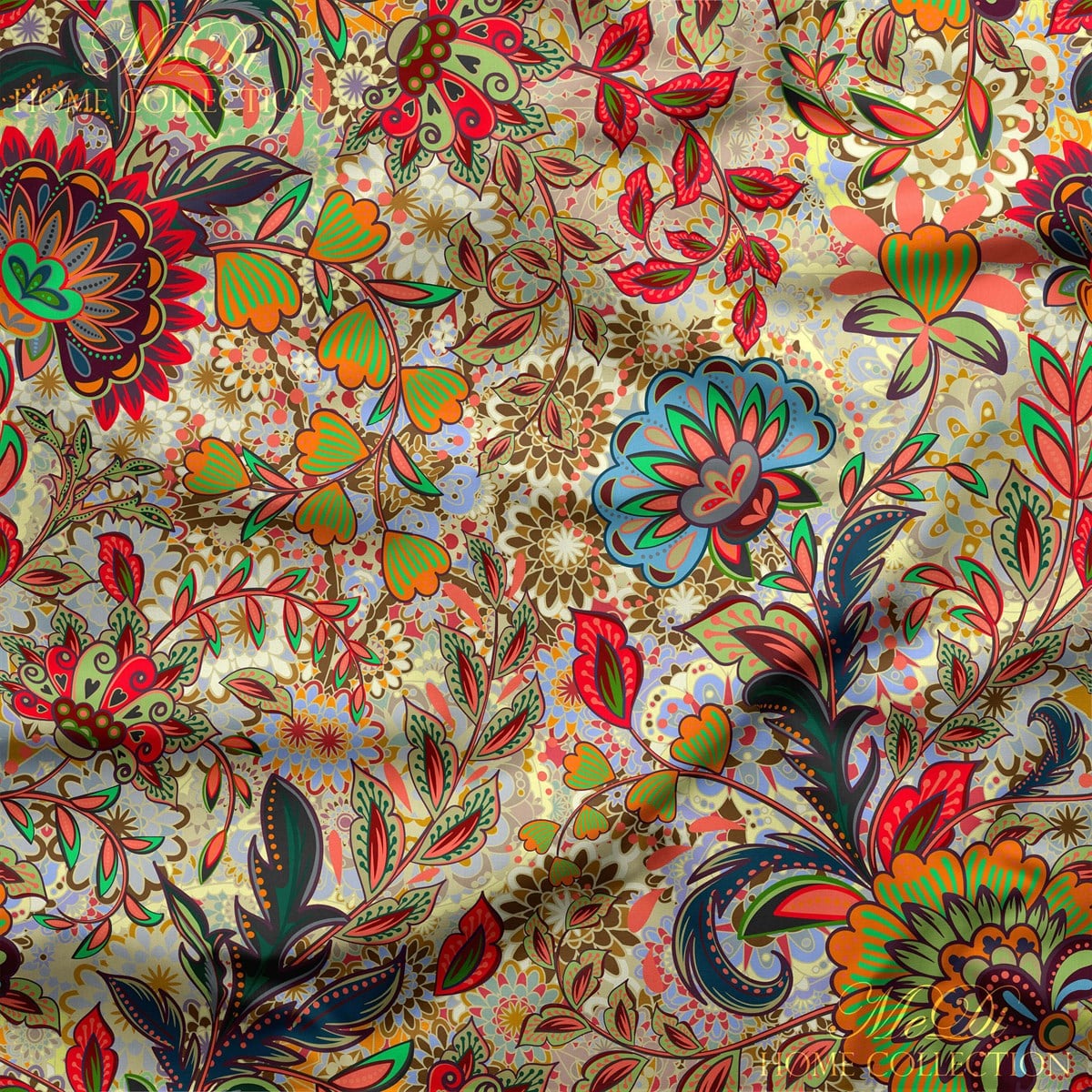 Renkli Etnik Motif ve Çiçek Desenli Dijital Baskılı Kumaş