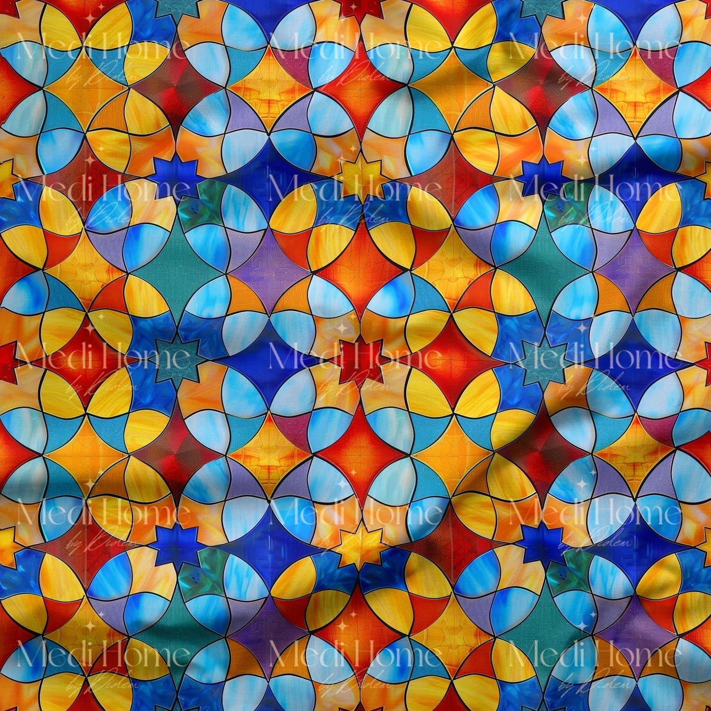 Renkli Geometrik Vitray Dijital Baskılı Kumaş