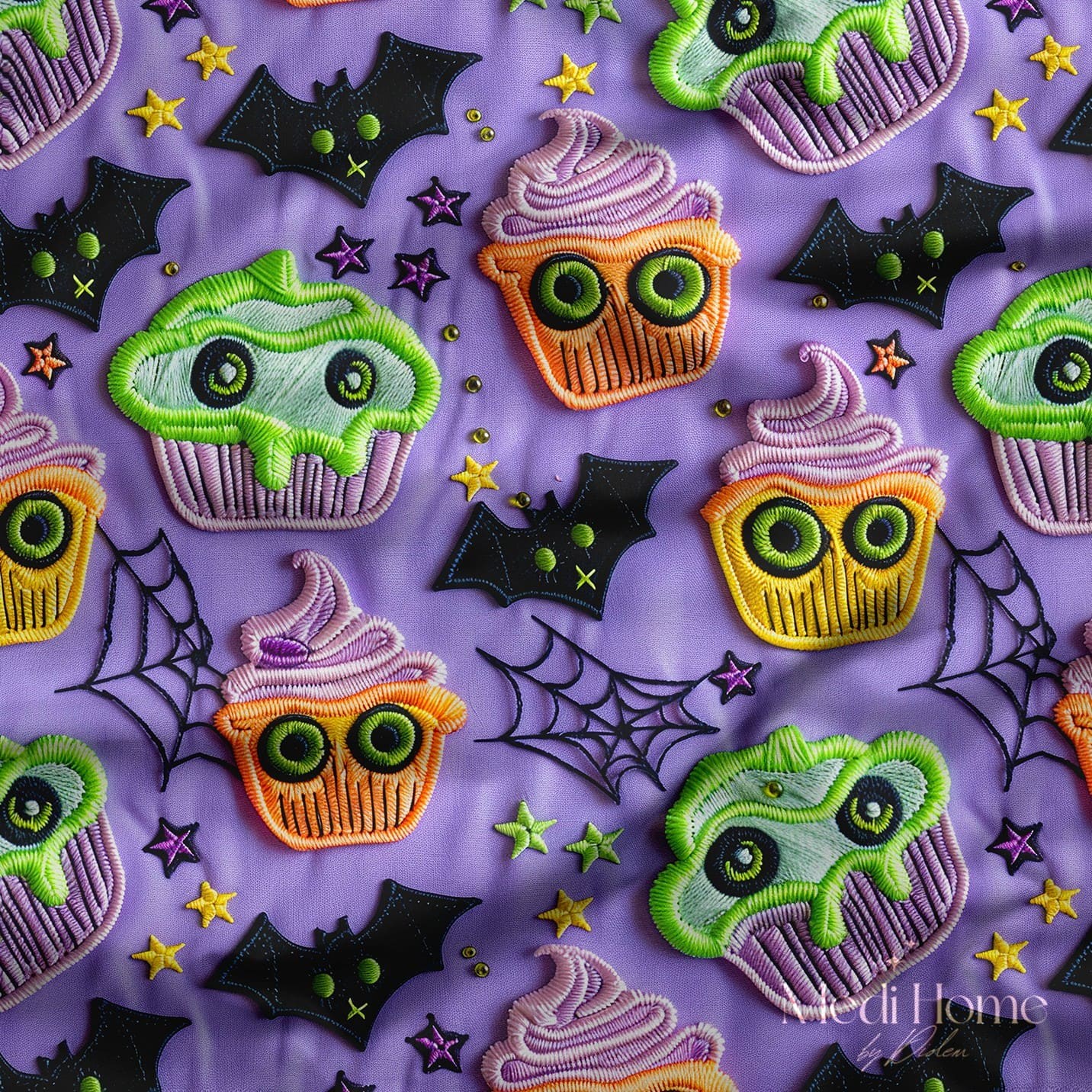 Renkli Halloween Cupcakeleri, Yarasalar ve Örümcek Ağları Dijital Baskılı Kumaş