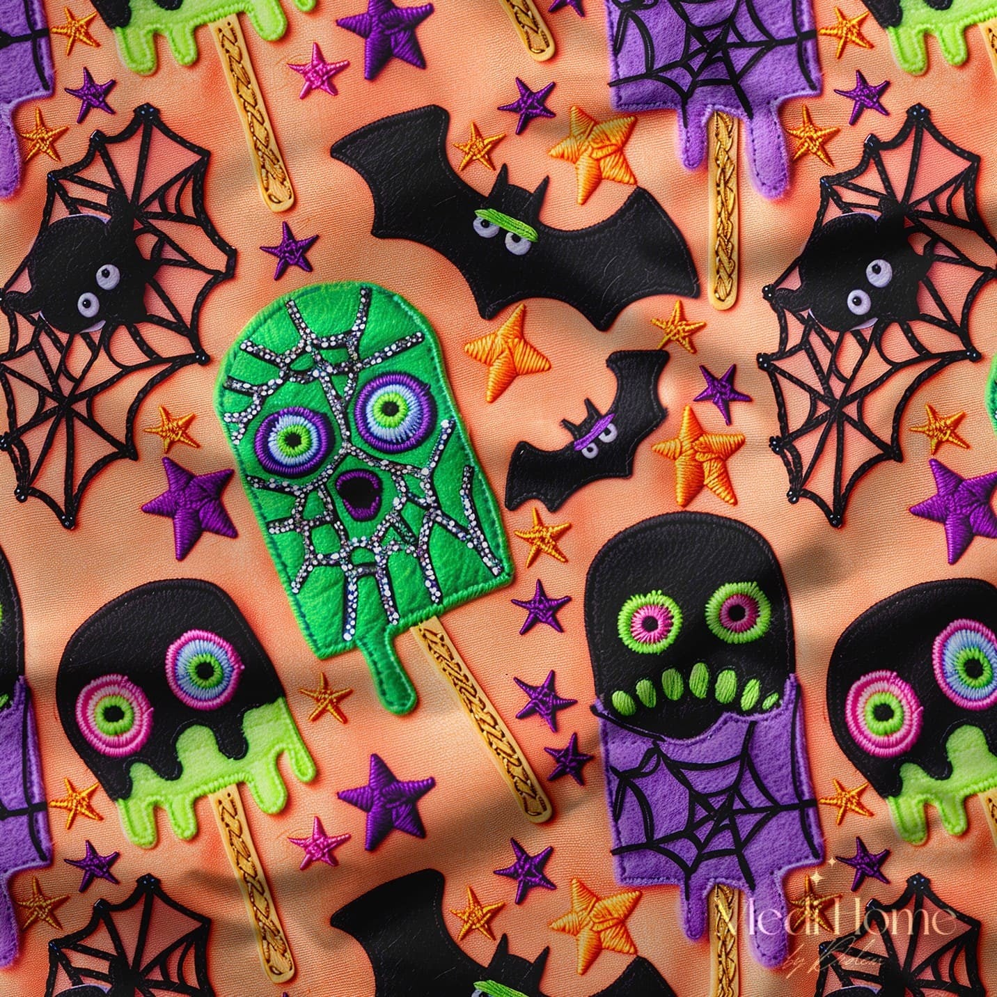 Renkli Halloween Dondurmaları, Yarasalar ve Örümcek Ağları Dijital Baskılı Kumaş
