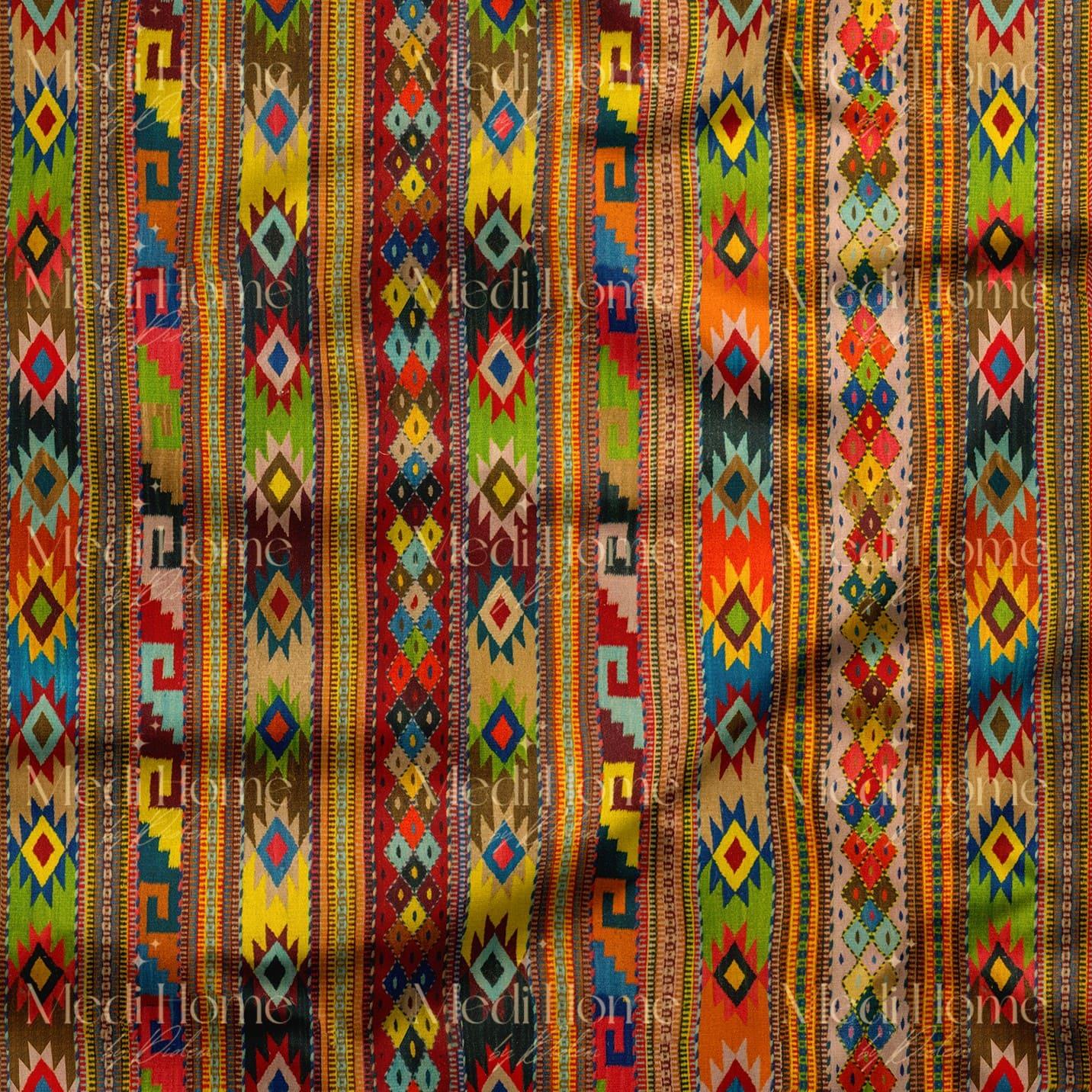 Renkli Kilim Şeritlerinin Etnik Yolculuğu Dijital Baskılı Kumaş
