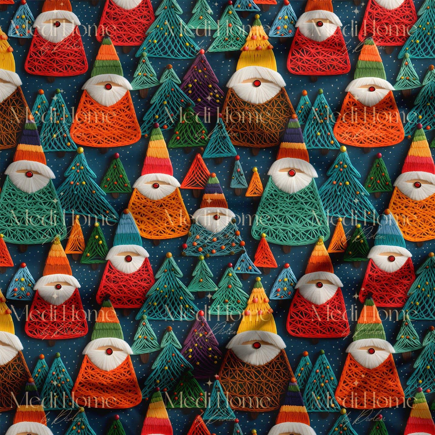 Renkli Örgü Gnomlar Ormanı – 3D Yılbaşı Masalı Dijital Baskılı Kumaş