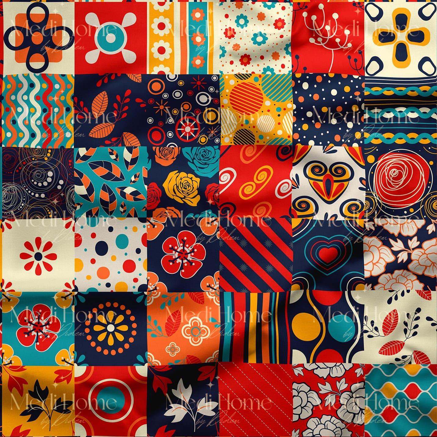 Renkli Patchwork Bahçesi Dijital Baskılı Kumaş