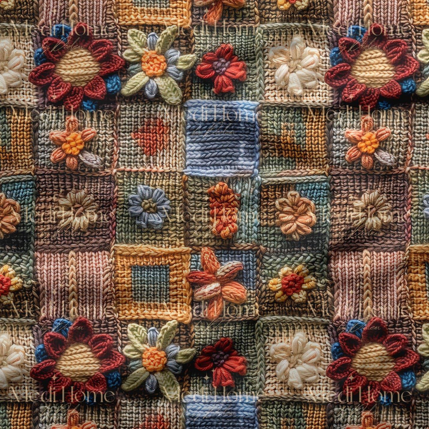 Renkli Patchwork Dokuda Nakışlı Çiçek Masalı Dijital Baskılı Kumaş