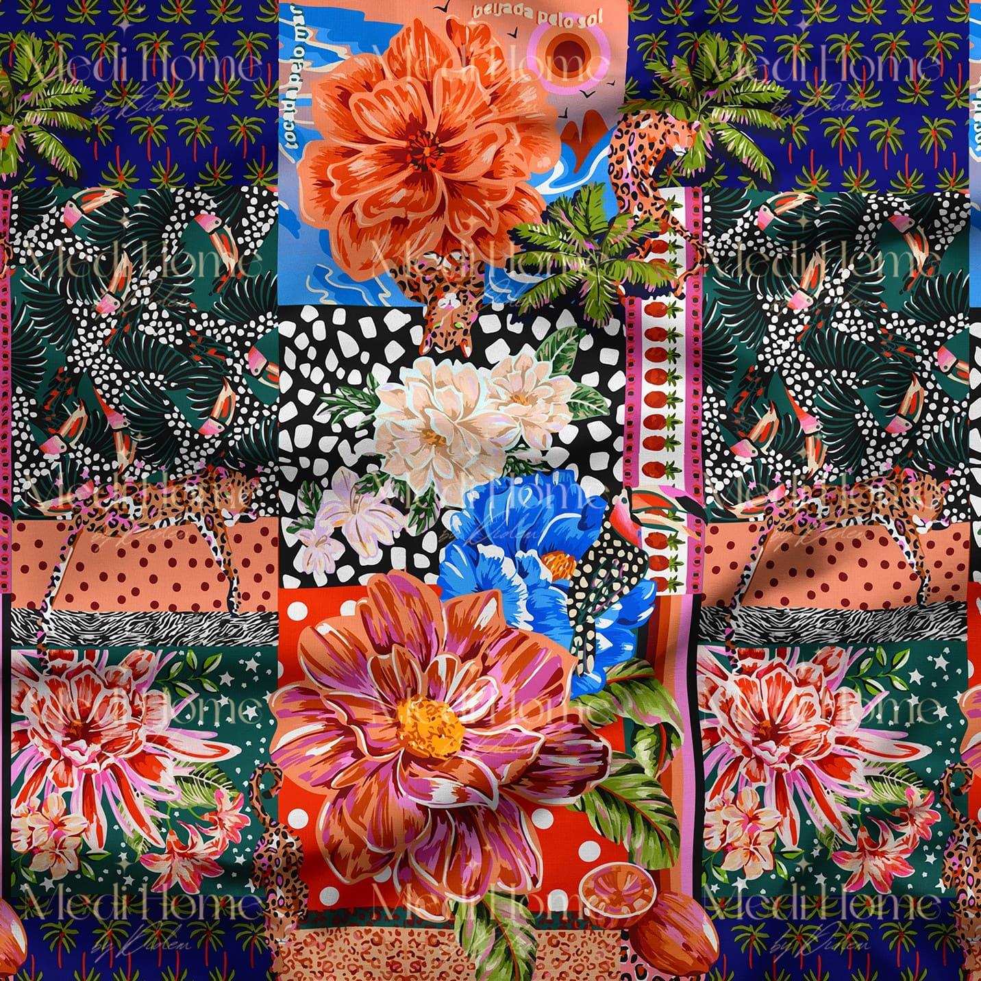 Renkli Patchwork Tropikal Çiçek Şovu Dijital Baskılı Kumaş