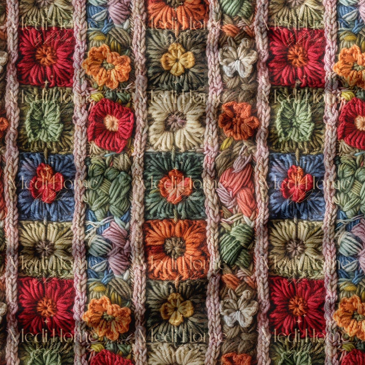 Renkli Şeritlerde Patchwork Çiçek Bahçesi Dijital Baskılı Kumaş
