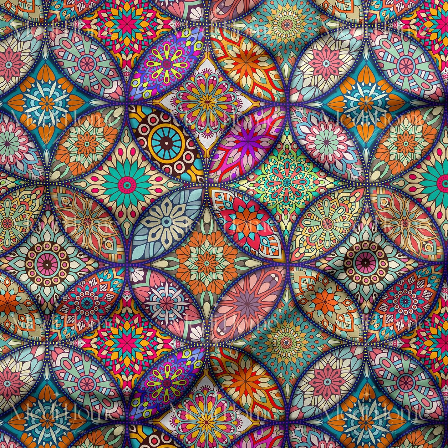 Renkli Vitray Mandala Bahçesi Dijital Baskılı Kumaş