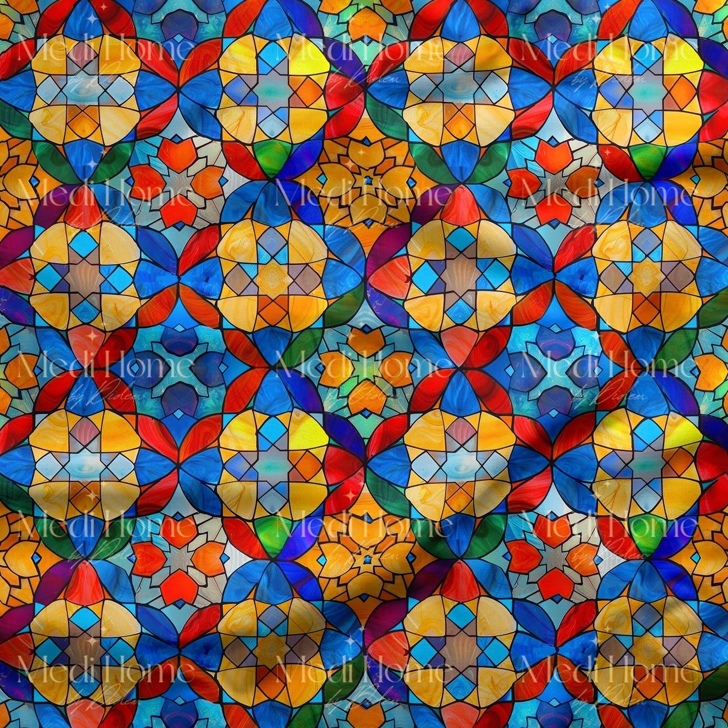 Renkli Vitray Mandala Dijital Baskılı Kumaş
