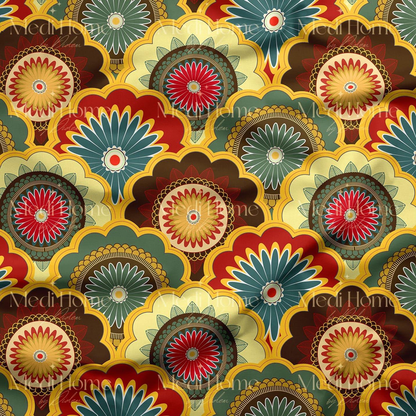 Retro Baharın Mandala Dansı Dijital Baskılı Kumaş