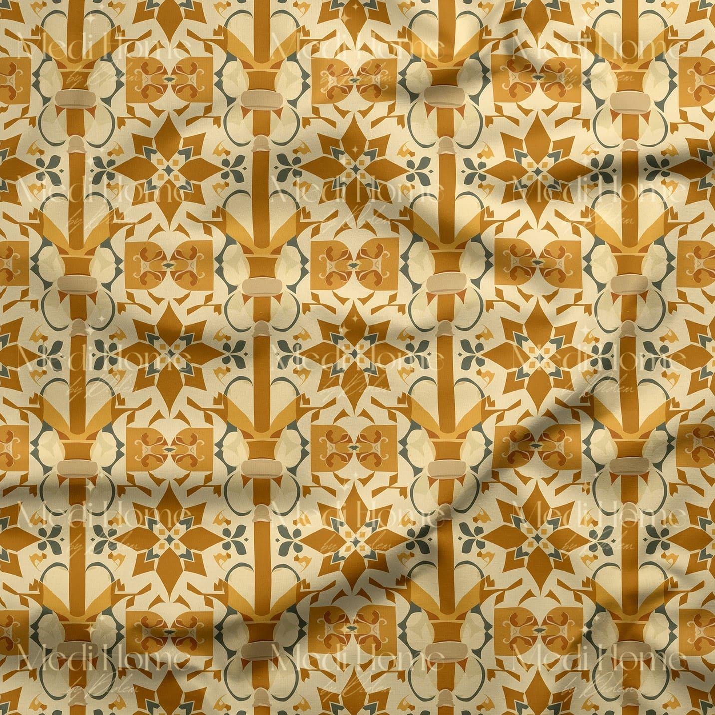 Safran Çini Geometrisi Dijital Baskılı Kumaş