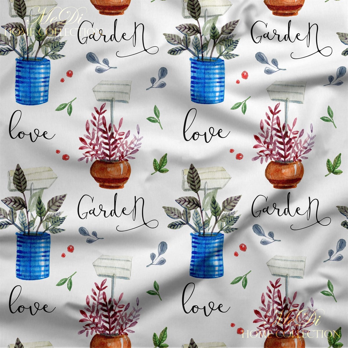 Saksıda Çiçek Bahçe Desenli Dijital Baskılı Kumaş