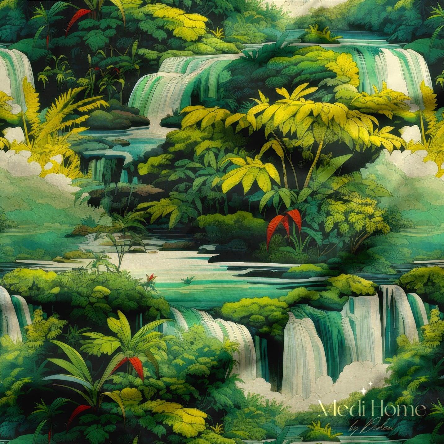 Şelalelerin Tropik Cenneti Dijital Baskılı Kumaş