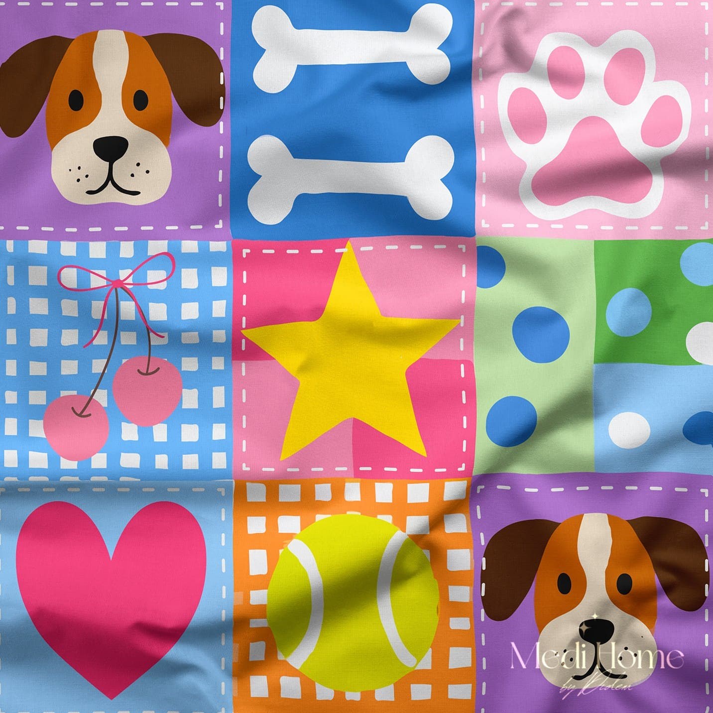 Sevimli Köpek Dostları Patchwork Dijital Baskılı Kumaş