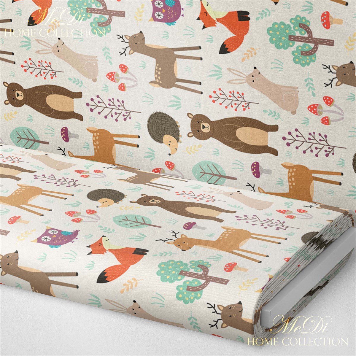 Sevimli Orman Hayvanları Desenli Dijital Baskılı Çocuk - Bebek Kumaşı