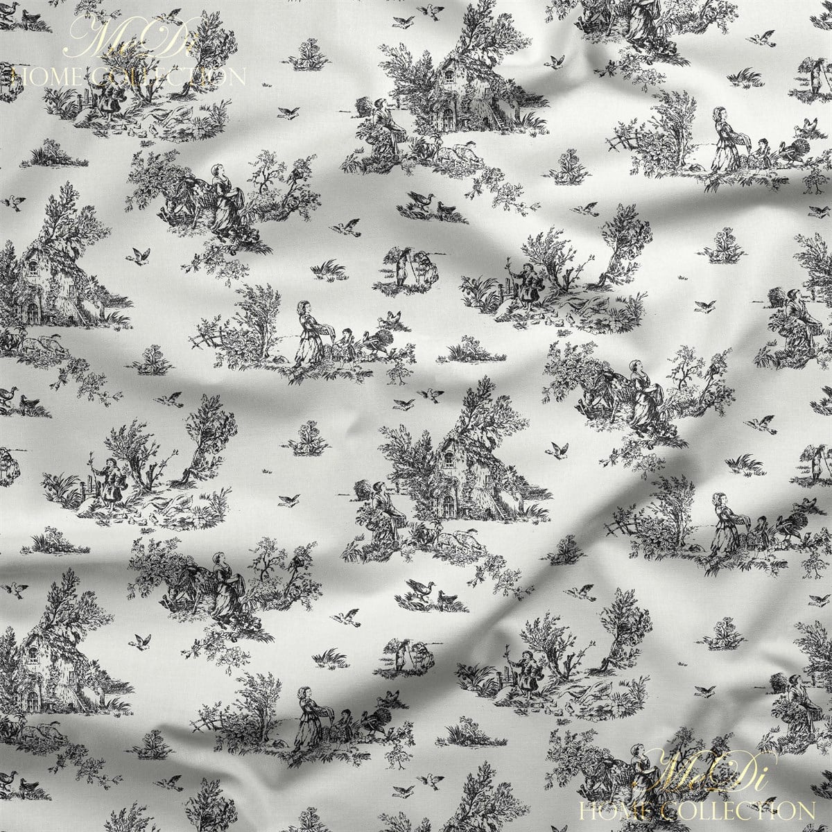 Siyah-Beyaz Çiftlik Yaşamı Çizimi Desenli Dijital Baskılı Kumaş