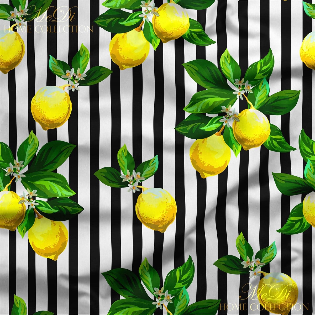 Siyah-Beyaz Çizgili Limon Desenli Dijital Baskılı Kumaş