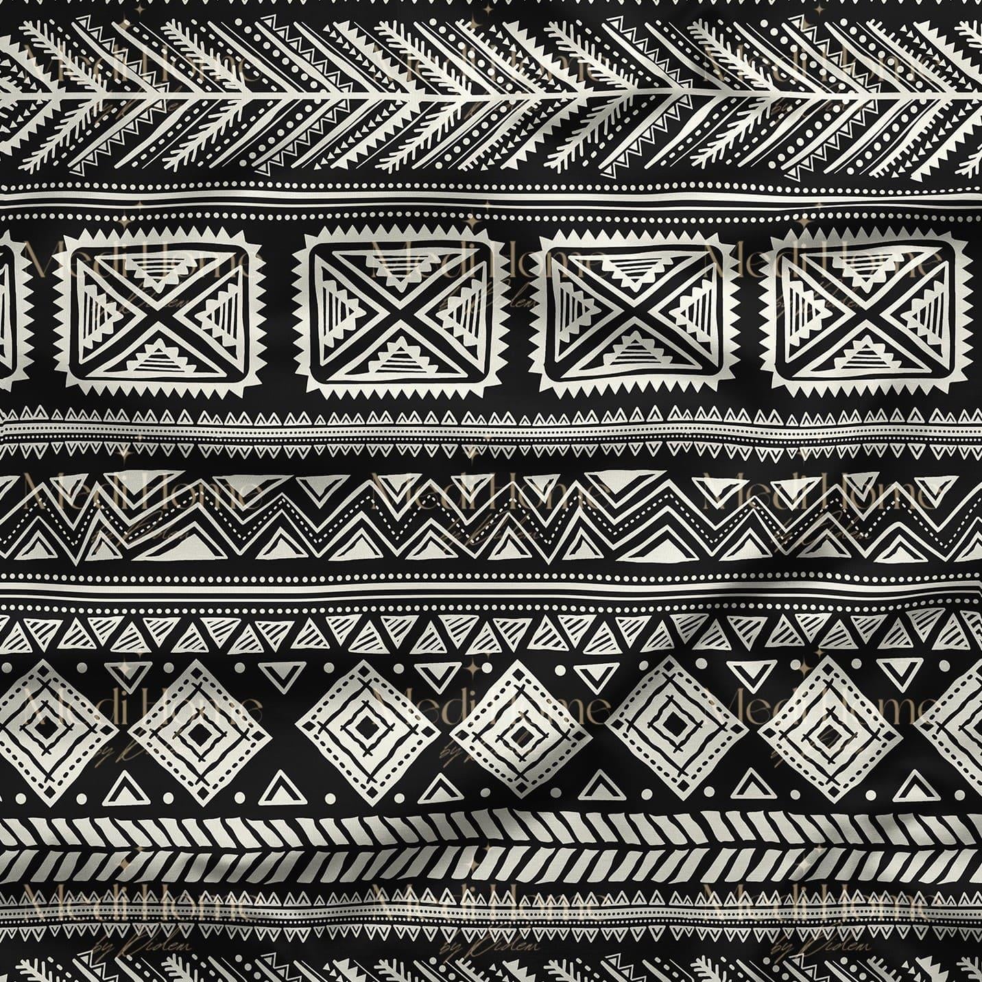 Siyah-Beyaz Etnik Çizgili Motif Desenli Dijital Baskılı Kumaş