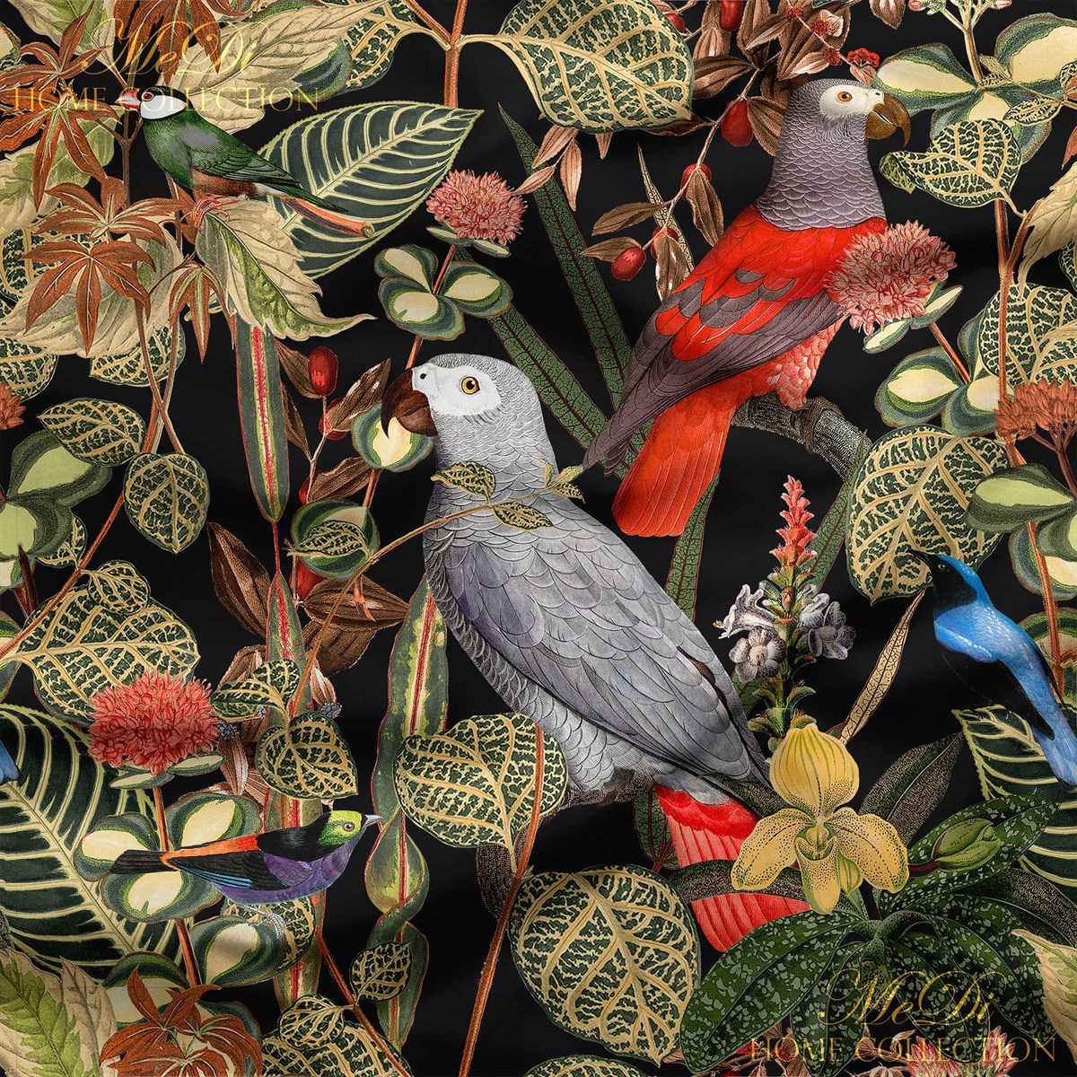 Siyah Zemin, Tropikal Ormanda Papağan Desenli Dijital Baskılı Kumaş