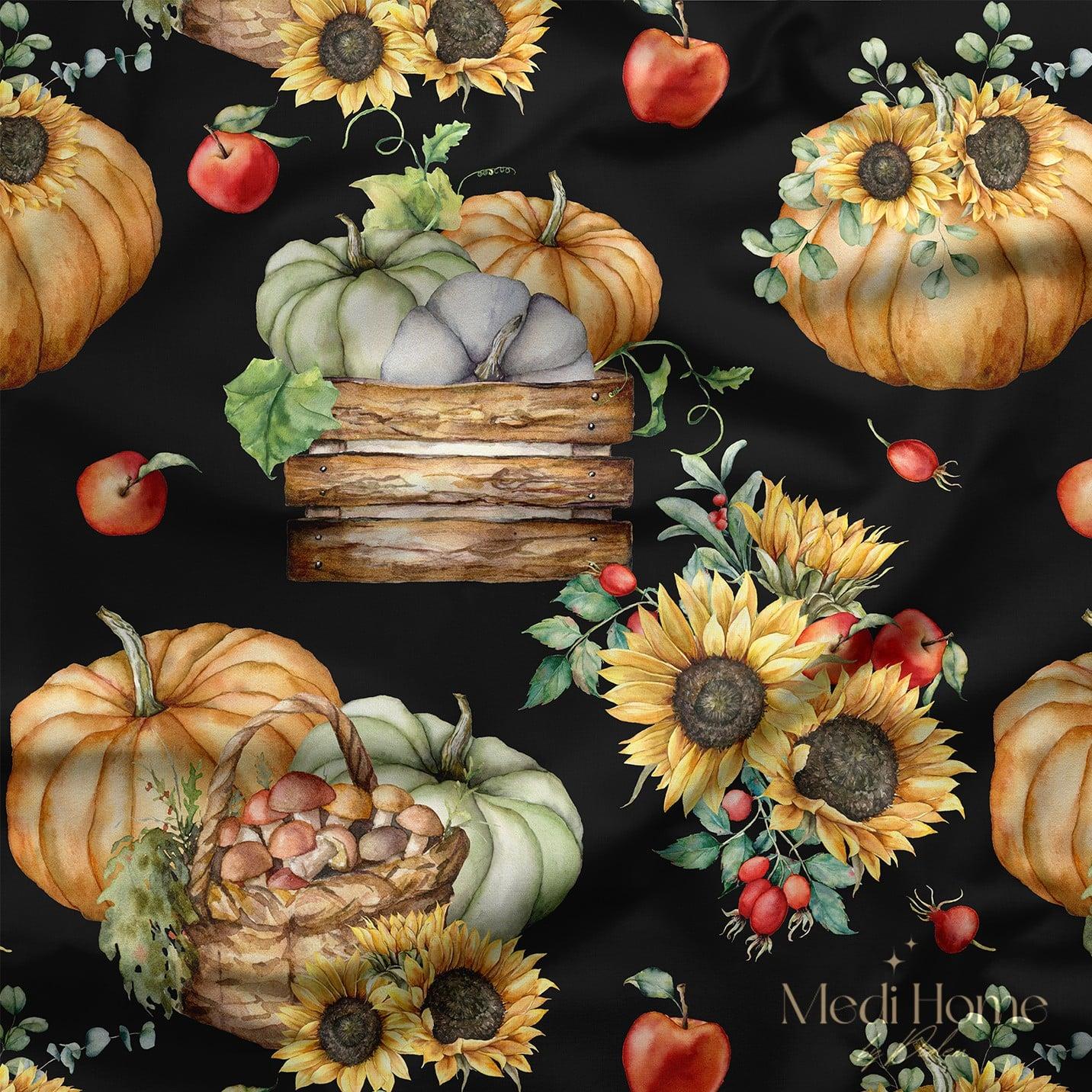 Siyah Zeminde Sonbaharın Ayçiçekli Sofrası Dijital Baskılı Kumaş