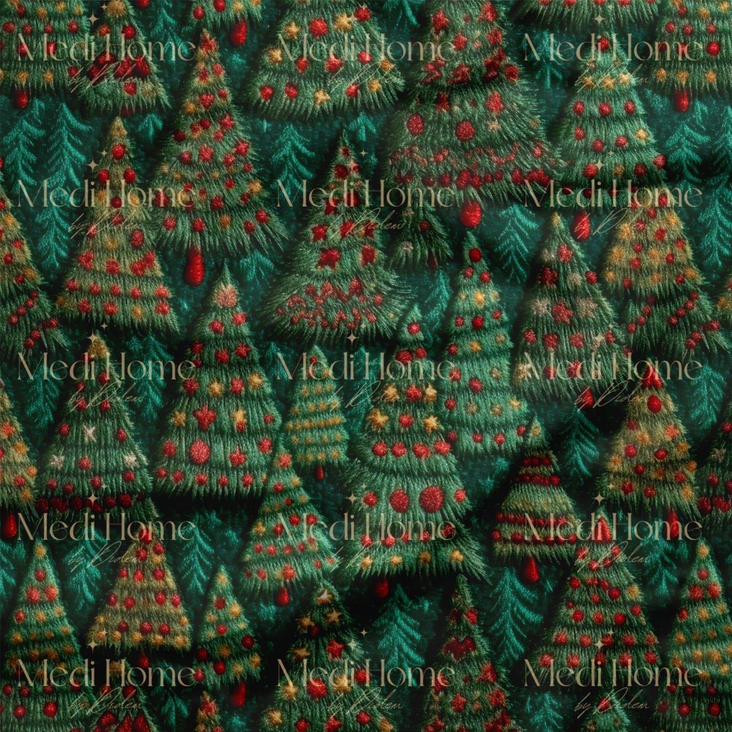 Tığ İşindenÇam Ağaçlarıyla Yılbaşı Ormanı Dijital Baskılı Kumaş