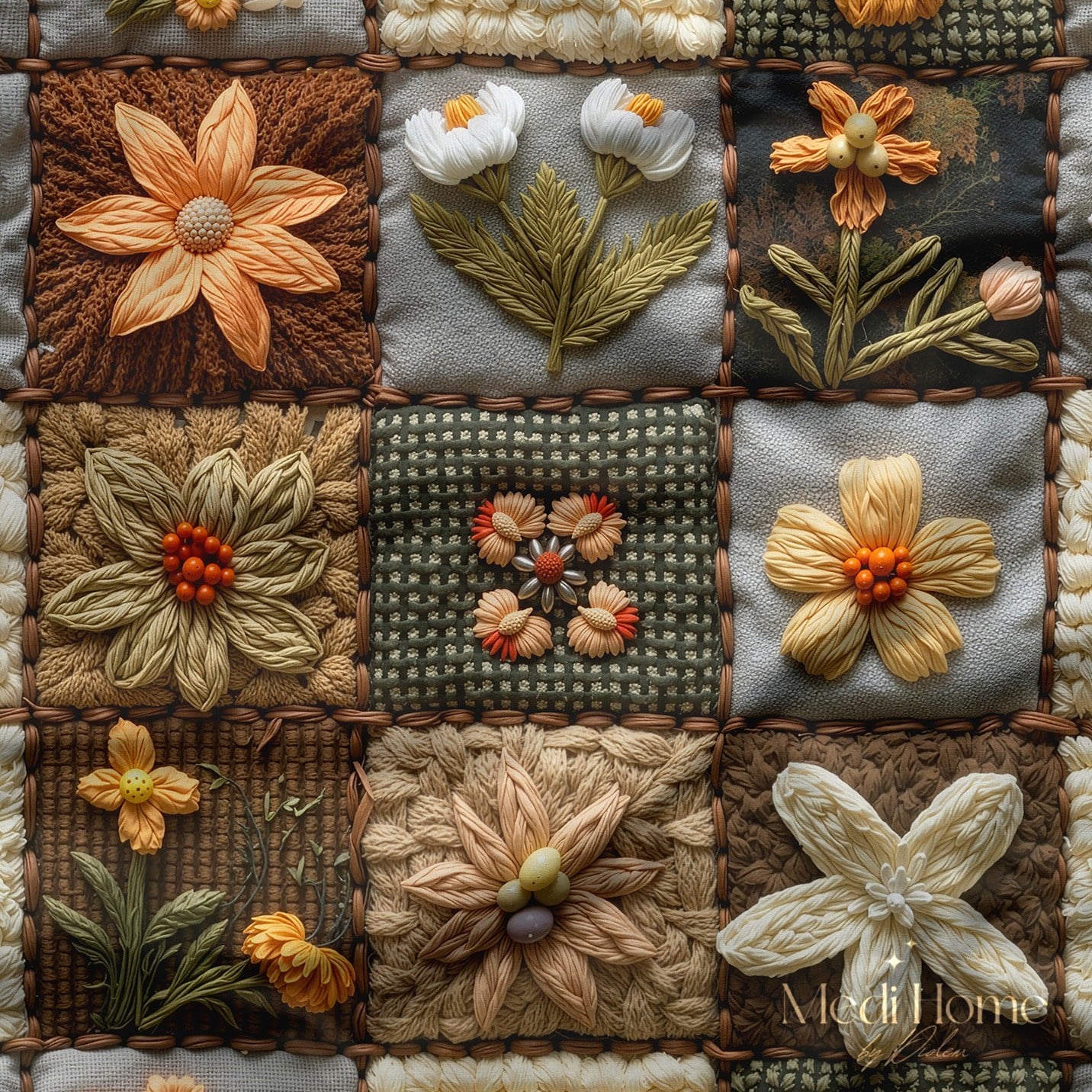 Toprağın Nakışlı Patchwork Baharı – Dijital Baskılı Kumaş