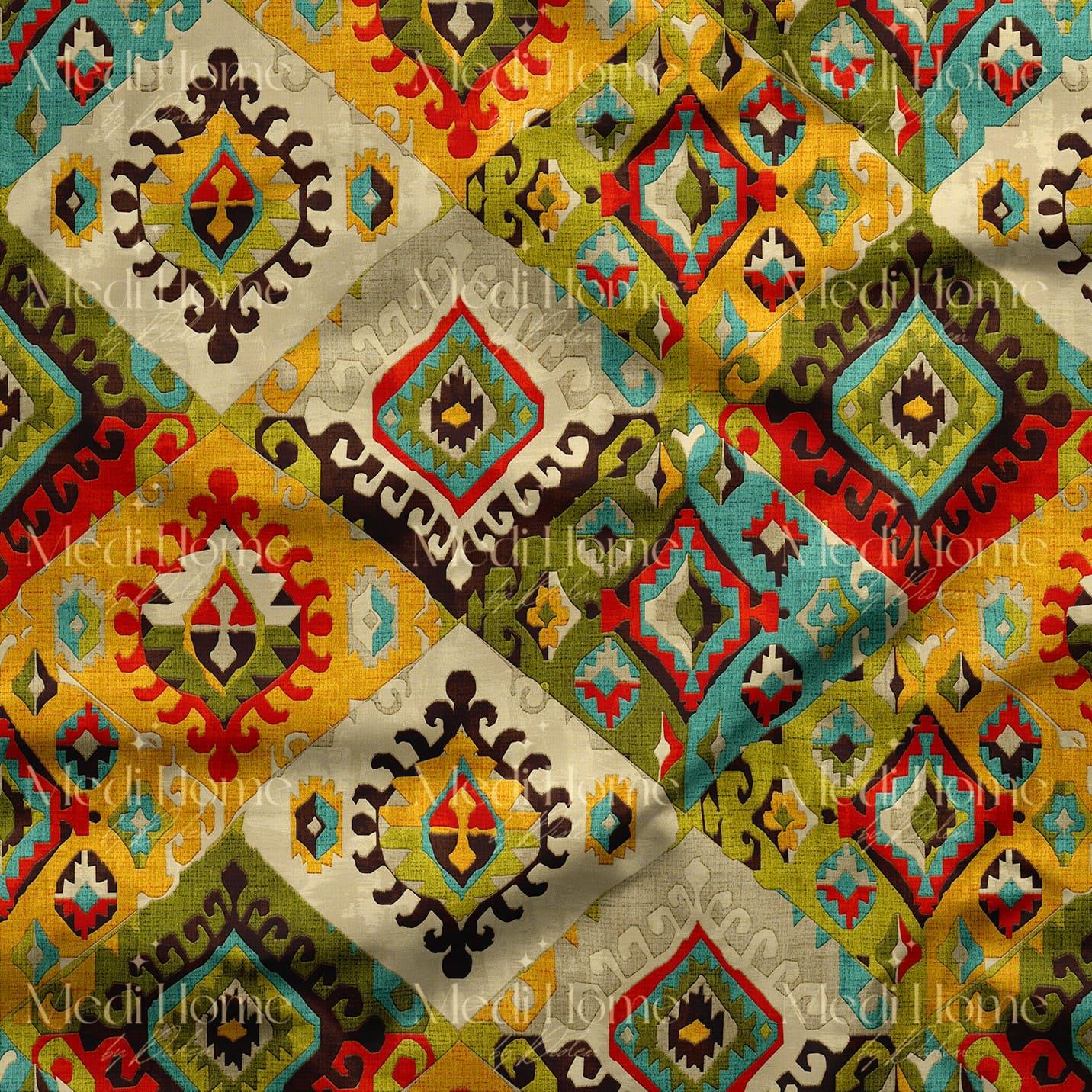 Toprak Tonlarında Etnik Patchwork Dijital Baskılı Kumaş