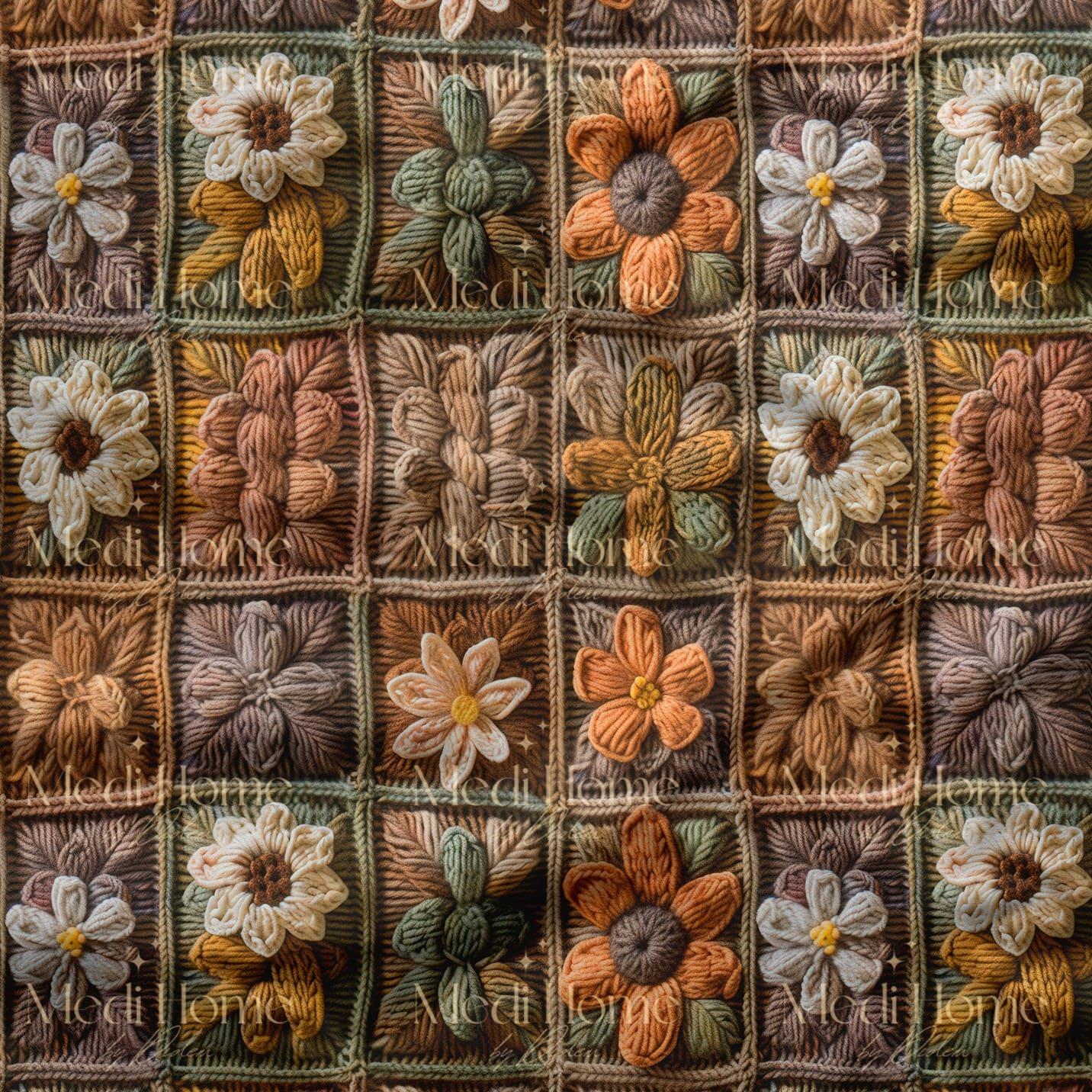 Toprak Tonlarında Patchwork Örgü Bahçesi Dijital Baskılı Kumaş