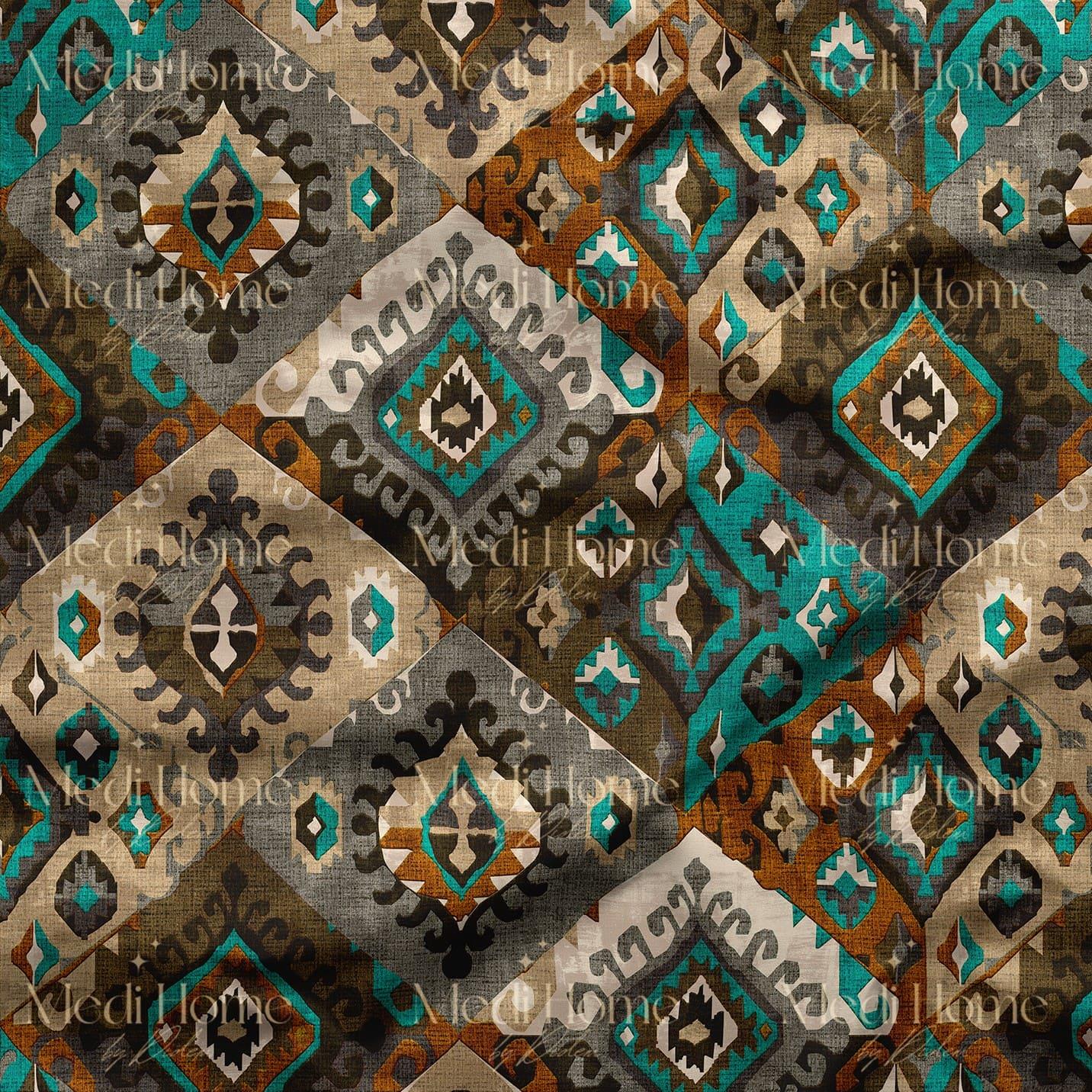 Toprak Tonlu Etnik Patchwork Dijital Baskılı Kumaş