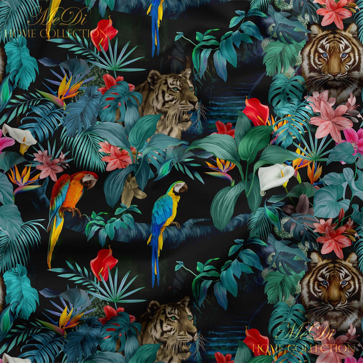 Tropikal Ormanda Papağan ve Aslan Desenli Dijital Baskılı Kumaş