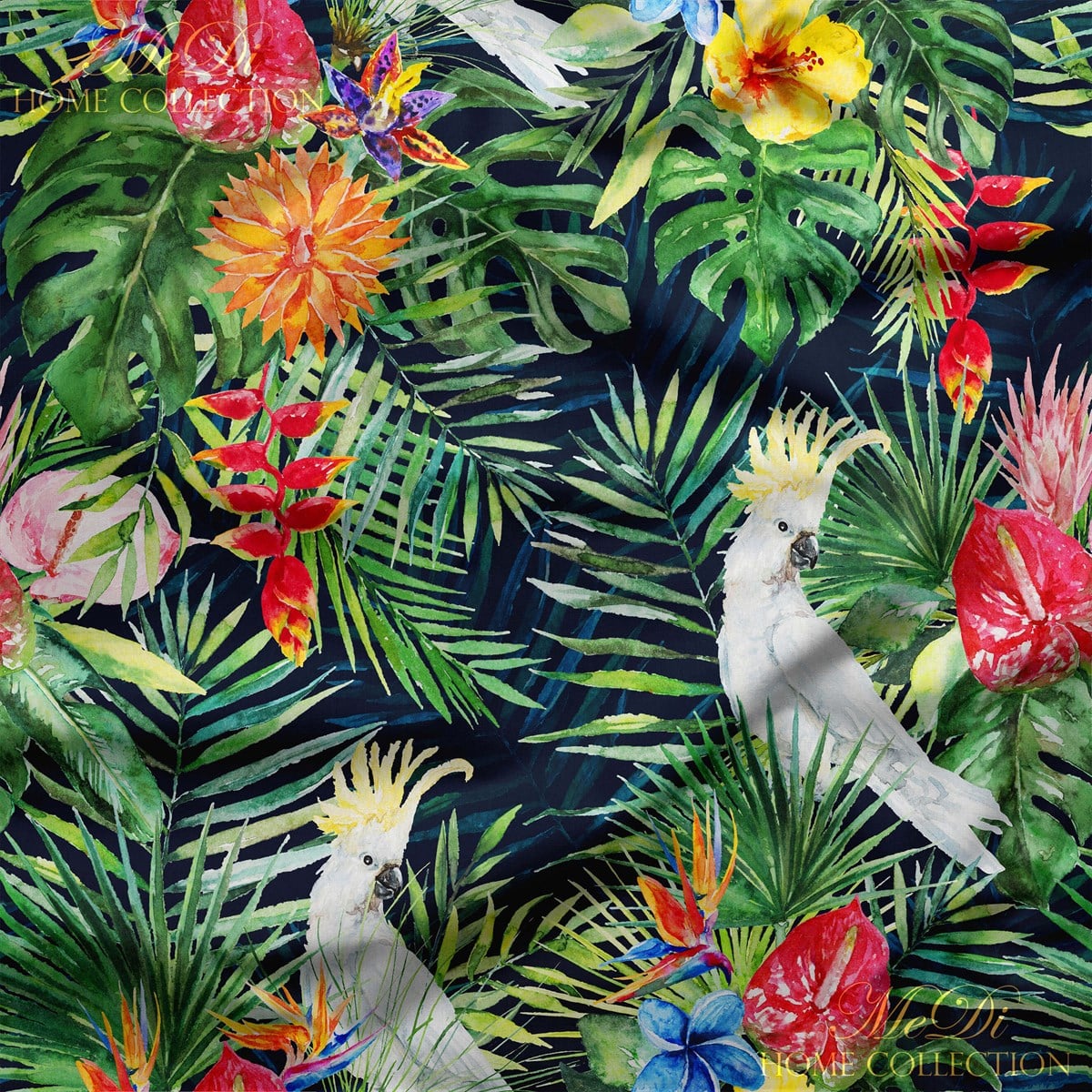 Tropikal Ormanda Sultan Papağanı Desenli Dijital Baskılı Kumaş