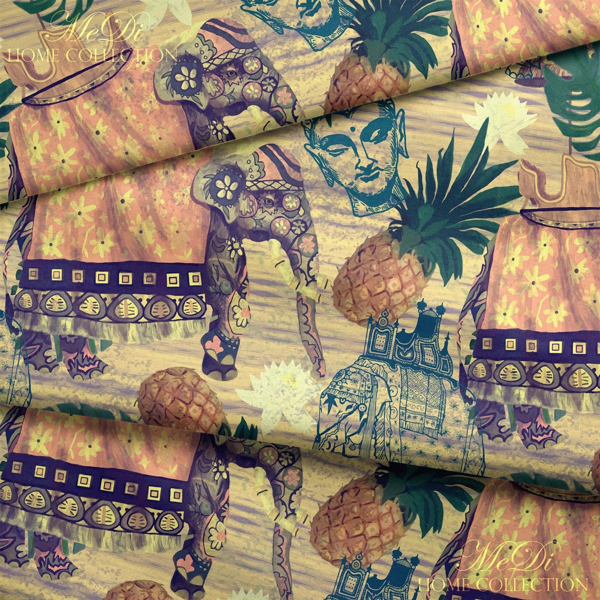 Tropikal Yaprak, Ananas ve Fil Desenli Dijital Baskılı Kumaş