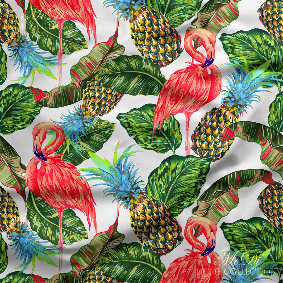 Tropikal Yapraklı, Ananas ve Flamingo Desenli Dijital Baskılı Kumaş