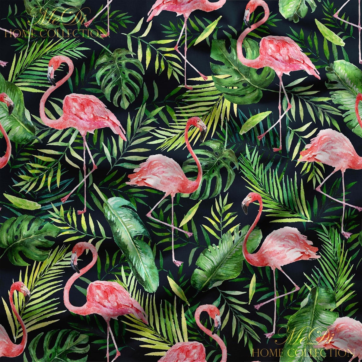 Tropikal Yapraklı Flamingo Desenli Dijital Baskılı Kumaş