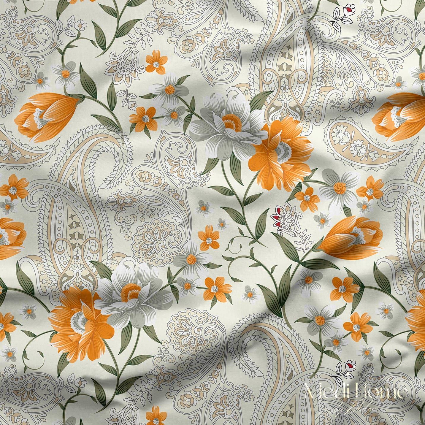 Turuncu Esintili Paisley Bahçesi Dijital Baskılı Kumaş