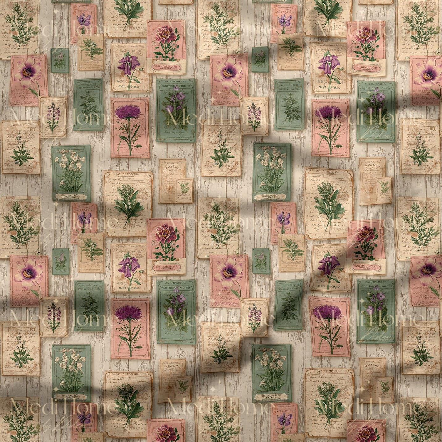 Vintage Botanik Kartlar Dijital Baskılı Kumaş