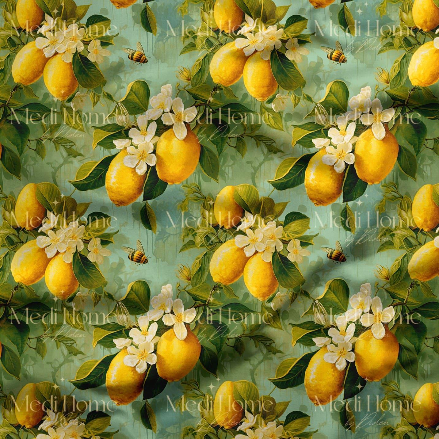 Yeşil Bahçede Limon Işıltısı Dijital Baskılı Kumaş