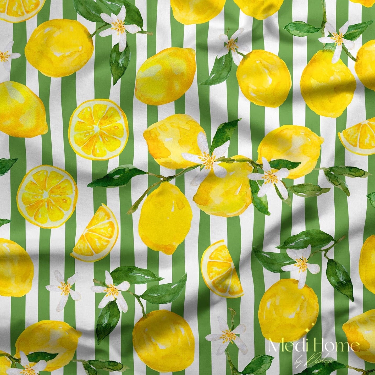 Yeşil Çizgili Limon Bahçesi Dijital Baskılı Kumaş