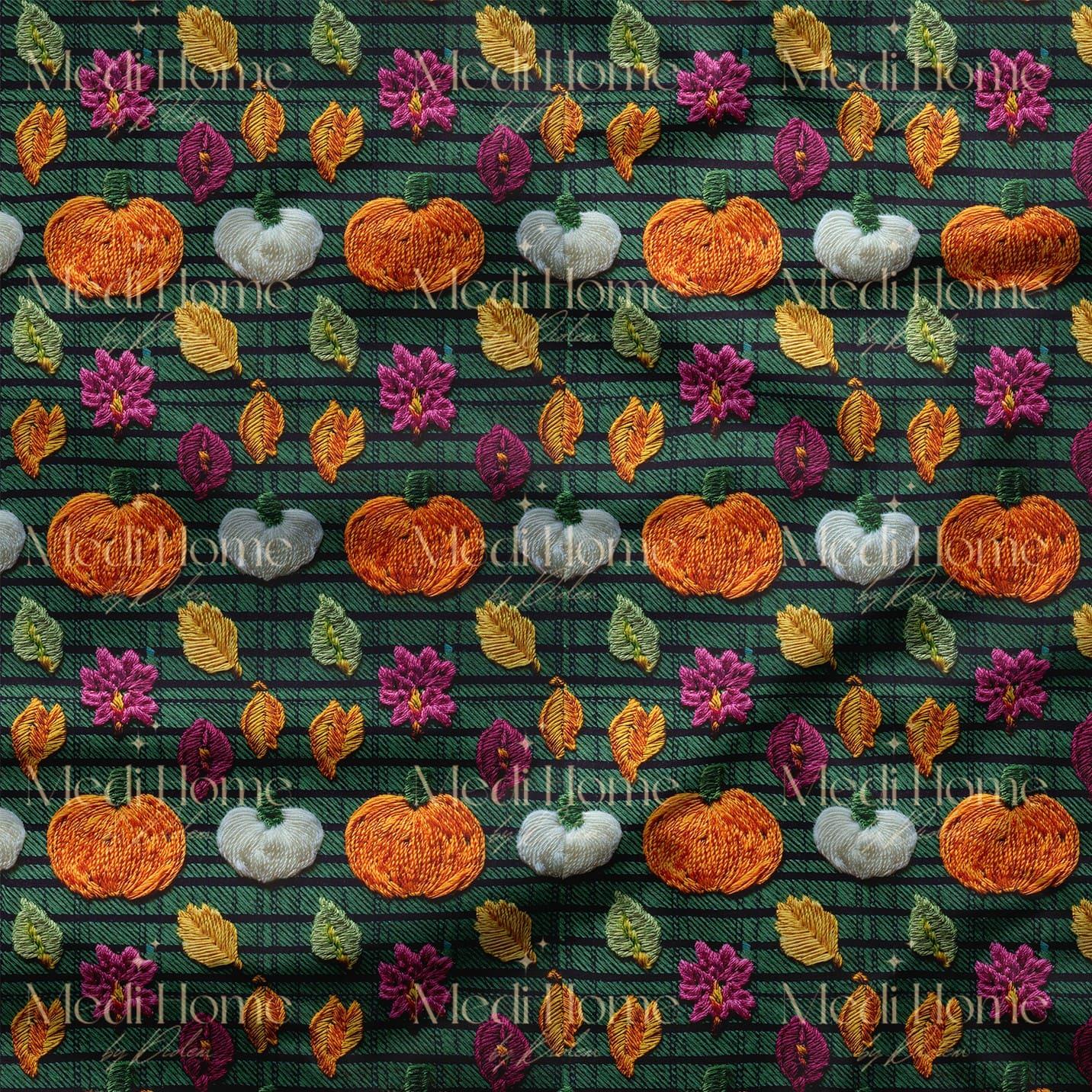 Yeşil Ekose Üzerinde Balkabağı ve Sonbahar Çiçekleri Dijital Baskılı Kumaş