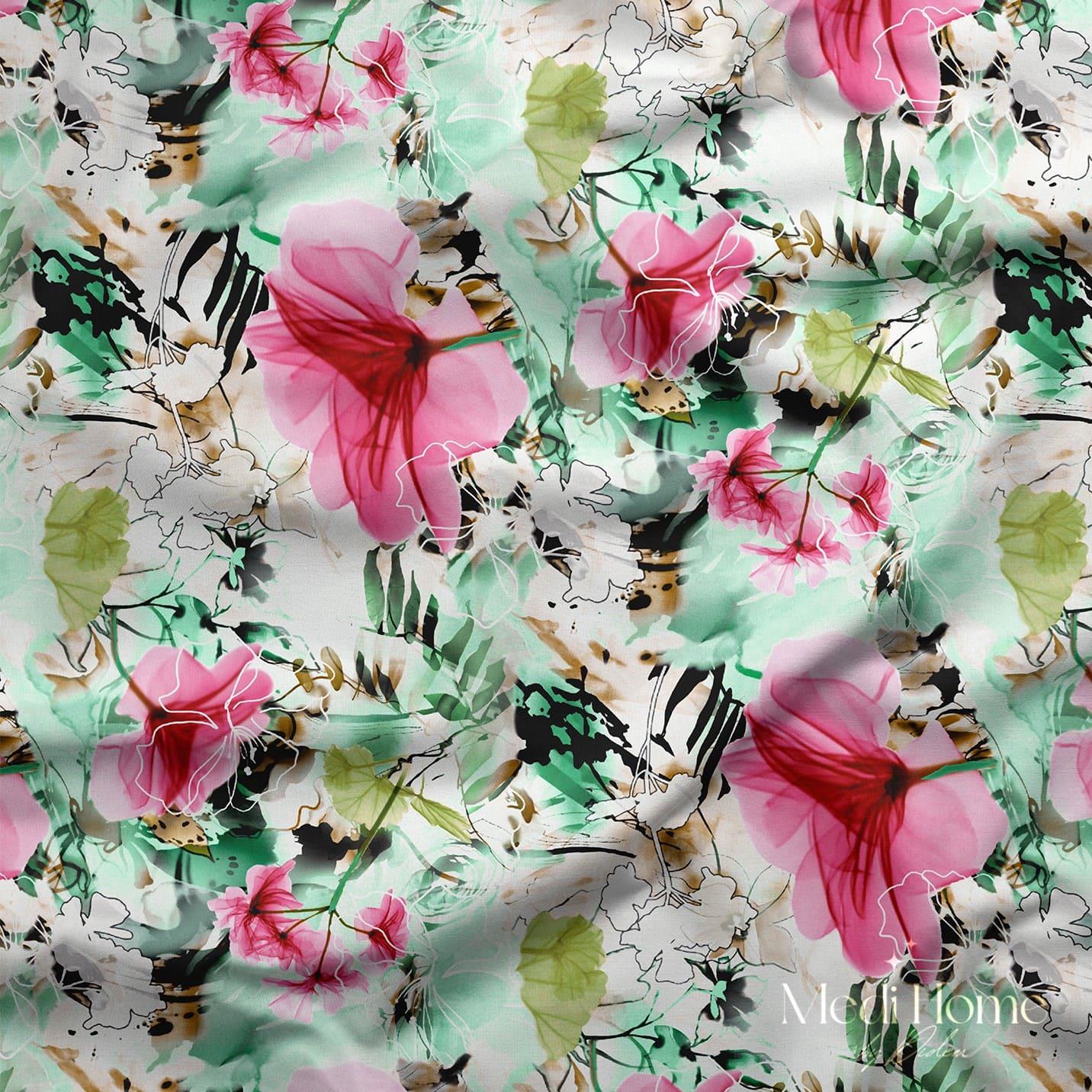 Yeşil Esintide Pembe Düşler Dijital Baskılı Kumaş