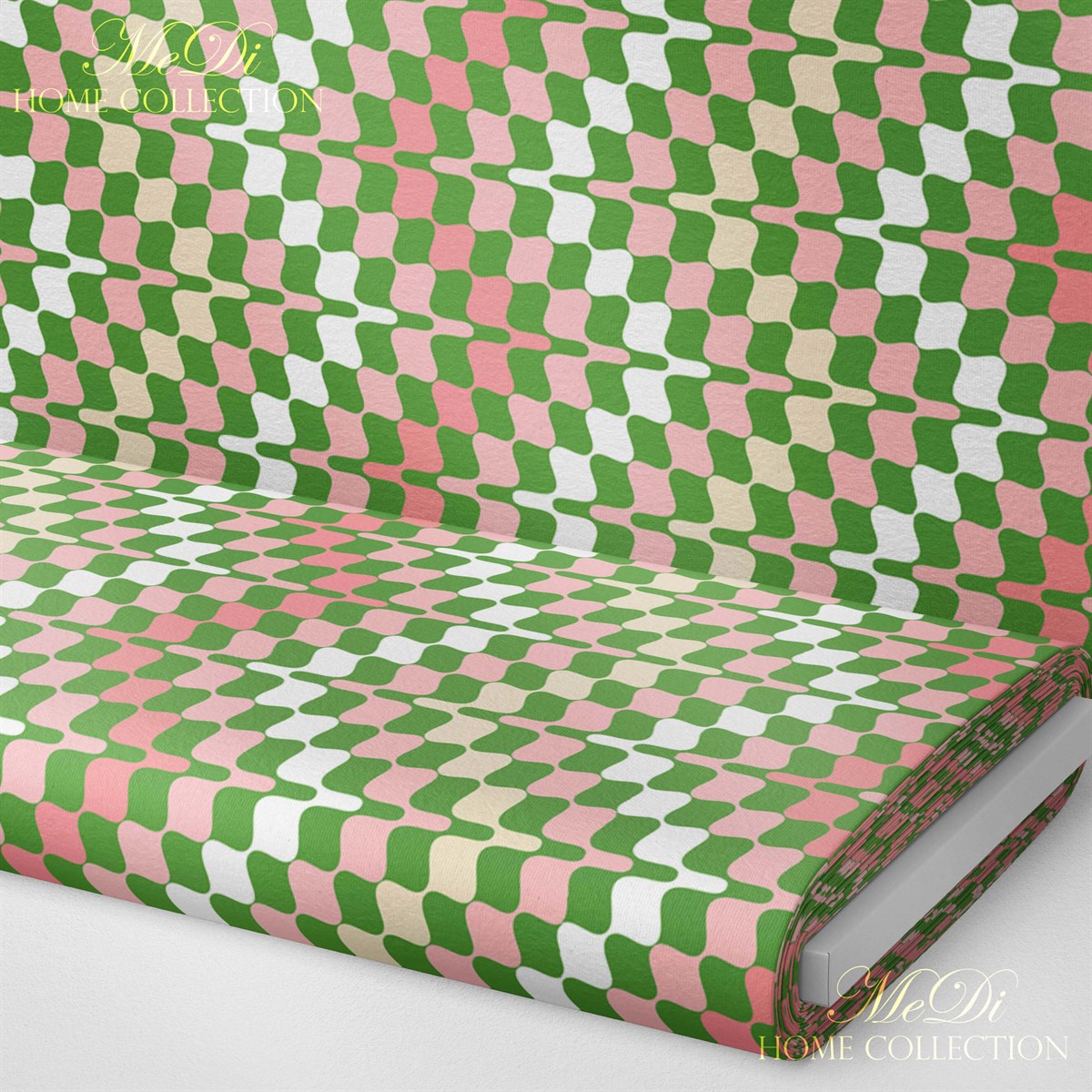 Yeşil-Pembe Geometrik Desenli Dijital Baskılı Kumaş